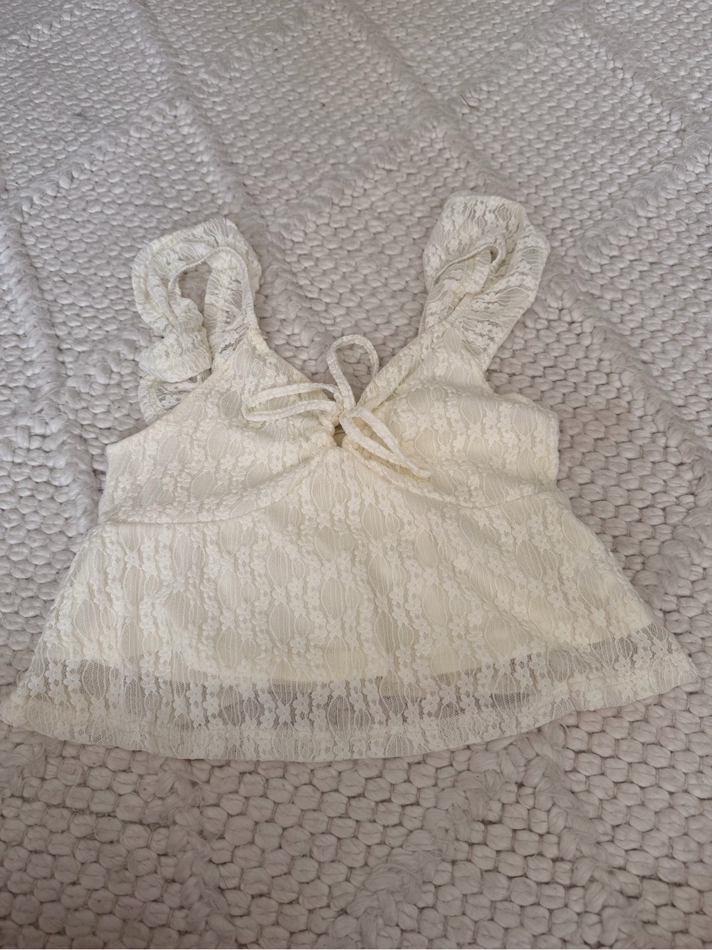 Ivory Lace Ruffle Tie-Front Crop Top